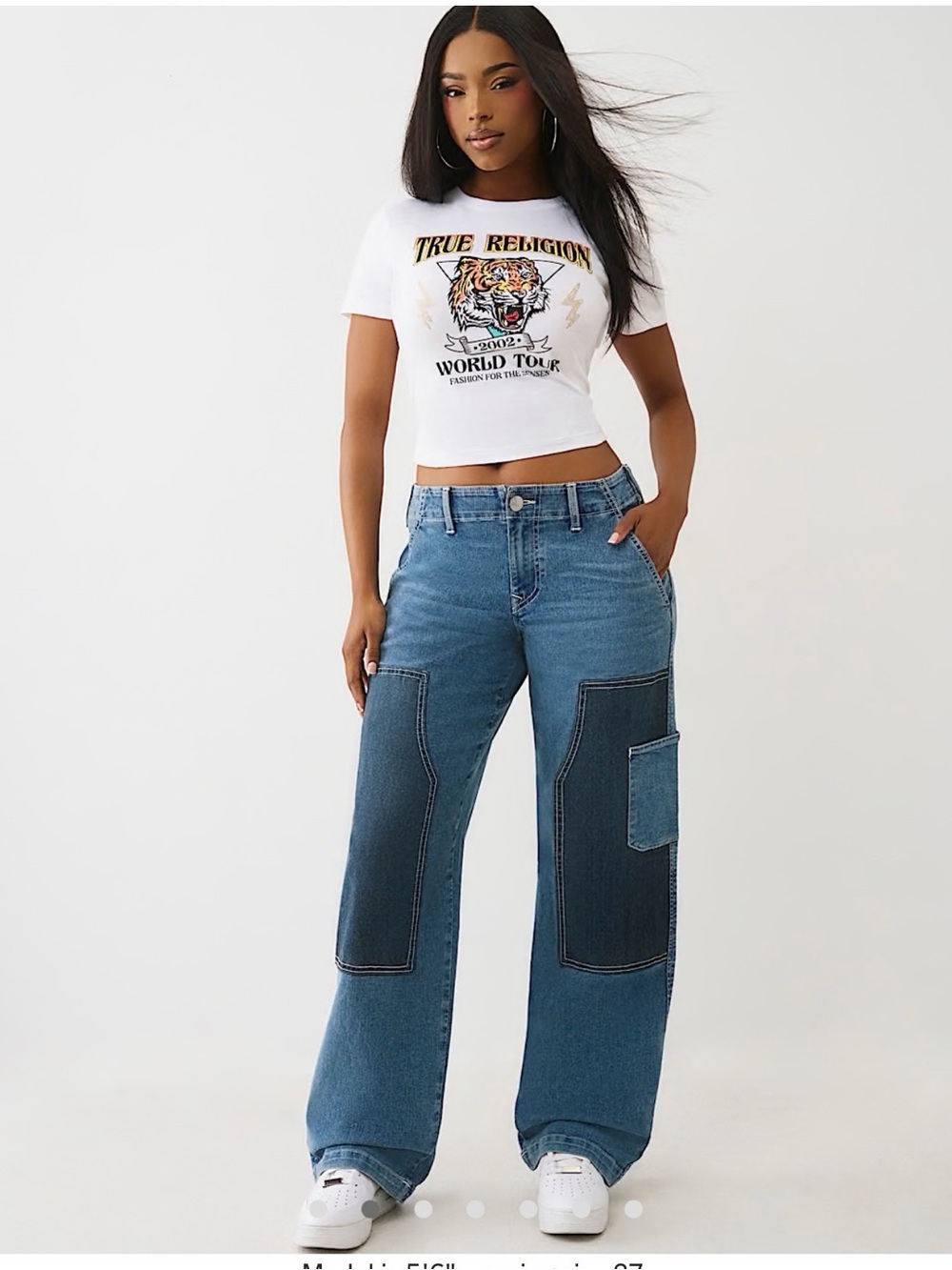True Religion Two-Tone Patchwork Wide Leg Jeans in Blue